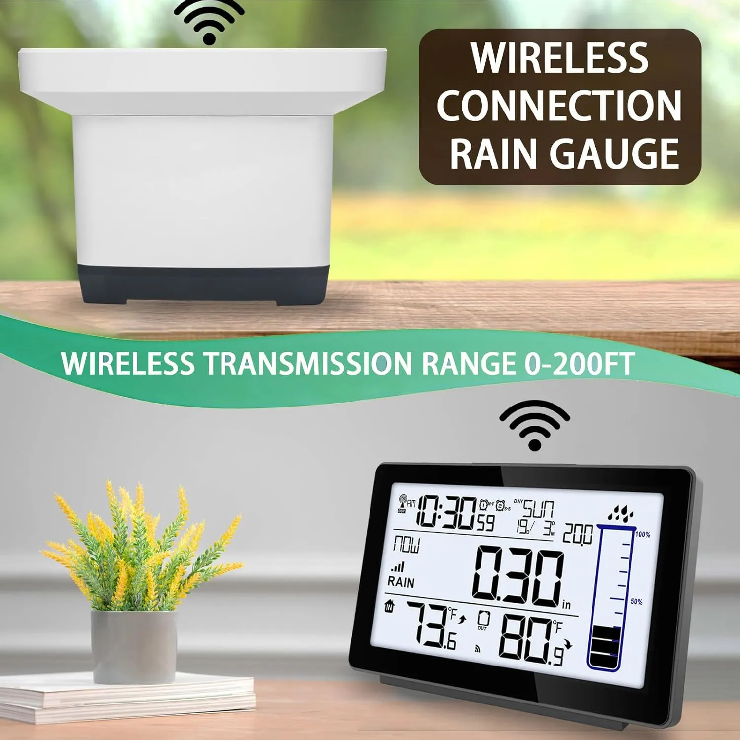 Wireless Rain Gauge Outdoor, Self-Emptying Digital Rain Gauges Outdoors Best Rated, Electronic Rain Measure Gauge for Garden, Freeze Proof Rain Gauge with Thermometer, Remote Rain Meter for Yard