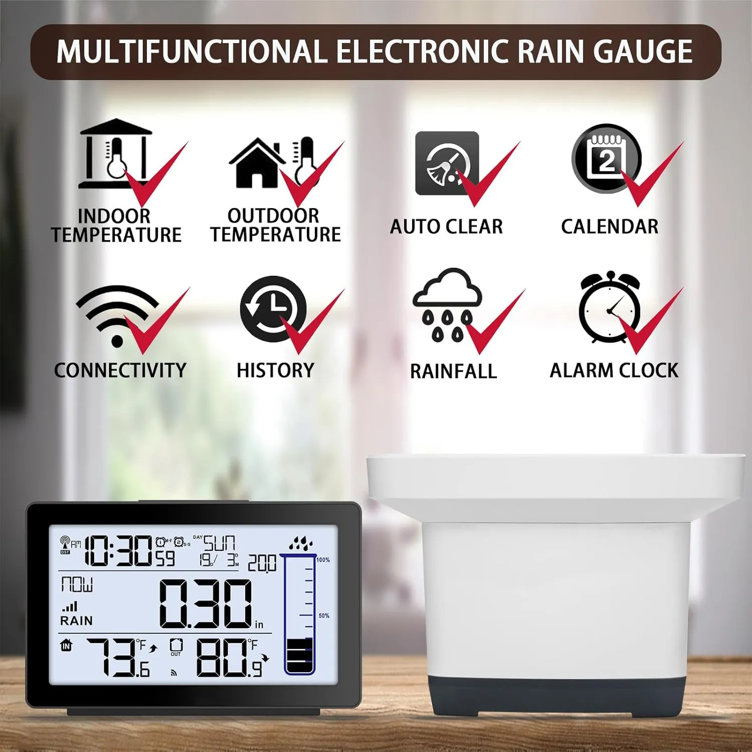 Wireless Rain Gauge Outdoor, Self-Emptying Digital Rain Gauges Outdoors Best Rated, Electronic Rain Measure Gauge for Garden, Freeze Proof Rain Gauge with Thermometer, Remote Rain Meter for Yard