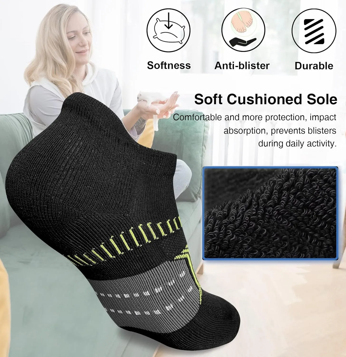Womens Athletic Cushioned Anti-Blister Comfort Running Ankle Socks 5 Pairs