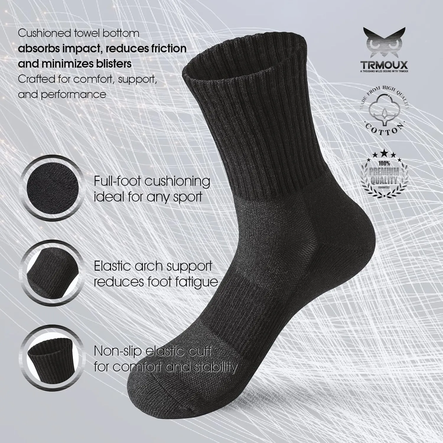 Womens Athletic Socks Black Crew Socks for Women Cotton Cushion Ankle Compression Running Hiking Sport Socks, 6 Pairs