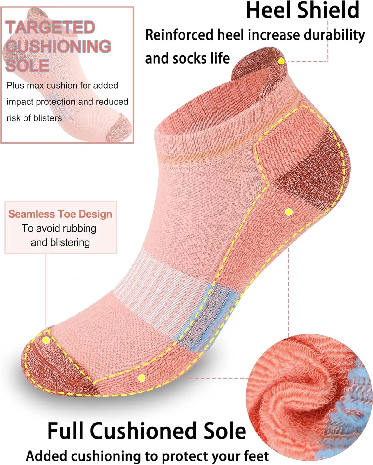 Women's Cushioned Ankle Socks Athletic Running Low Cut Socks 6-9/9-11