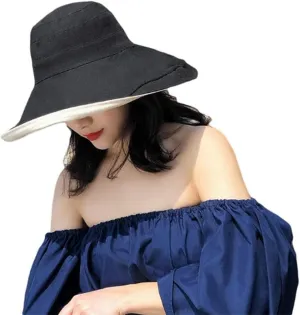 Women's Foldable Flap Cover UV Protective Wide Brim Bucket Cotton Beach Sun Hat Summer Hat