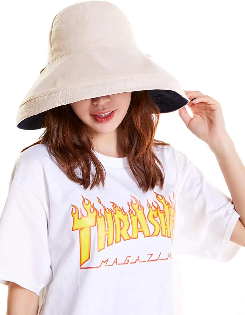 Women's Foldable Flap Cover UV Protective Wide Brim Bucket Cotton Beach Sun Hat Summer Hat
