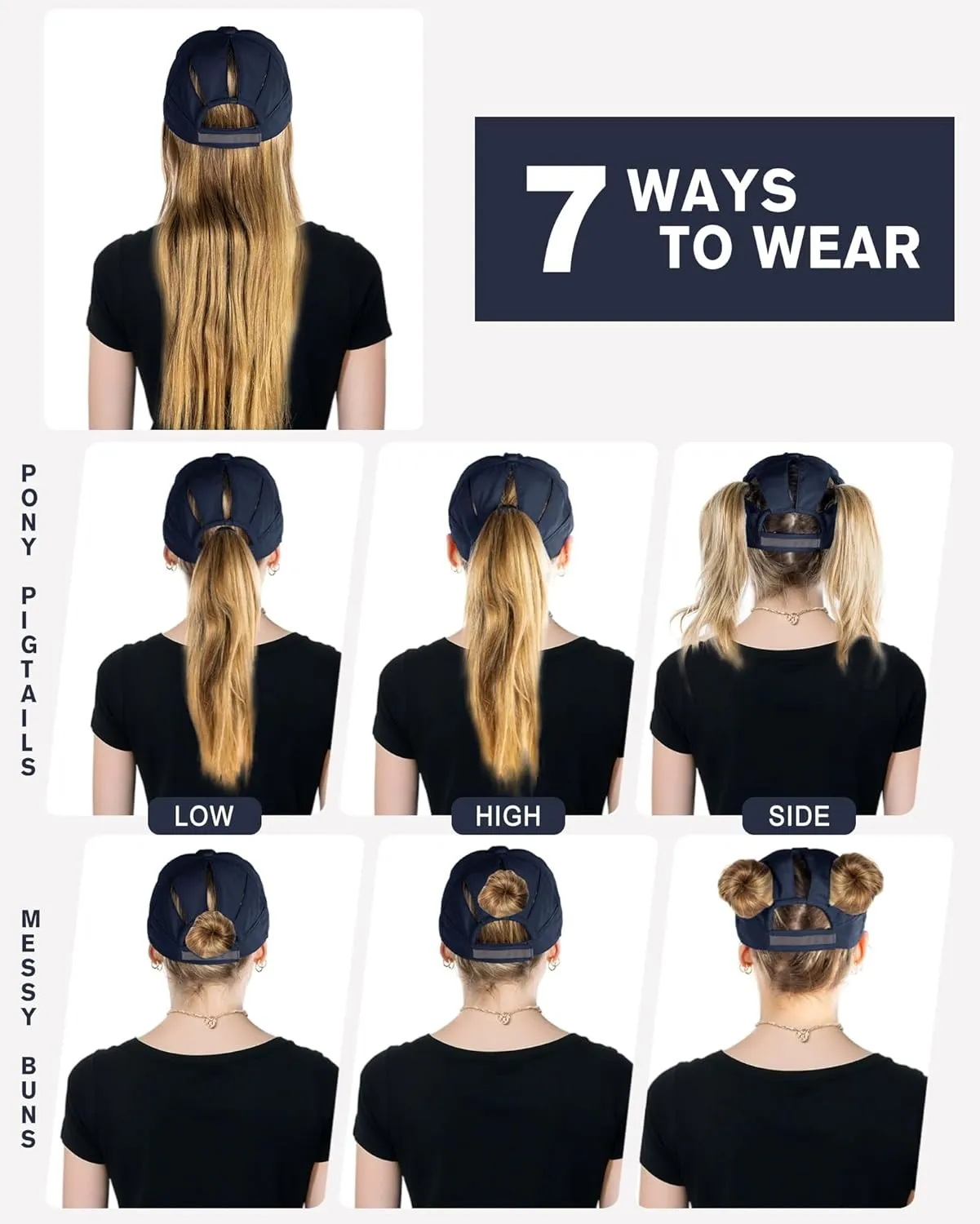 Women's High Ponytail Messy Bun Packable Unstructured Baseball Cap Oversized L XL XXL UV 50 Sun Running Hat