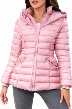 Women's Quilted Lightweight Puffer Jacket Zip Up Winter Warm Long-Sleeve Hooded Short Padded Coat with Pockets