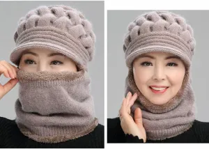 Womens Winter Warm Elastic Soft Ear Protection Knitted Scarf Mask hat Fleece Lined Beanie Hat one-Piece hat