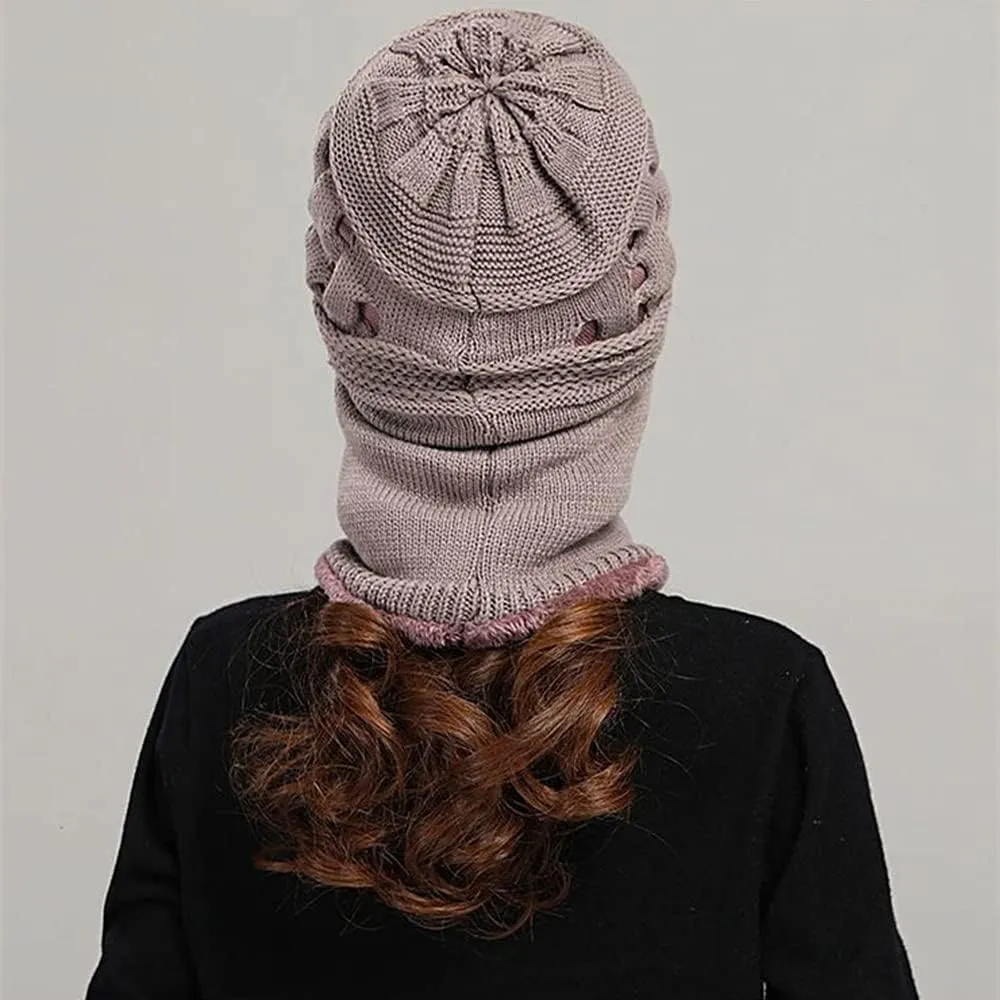 Womens Winter Warm Elastic Soft Ear Protection Knitted Scarf Mask hat Fleece Lined Beanie Hat one-Piece hat
