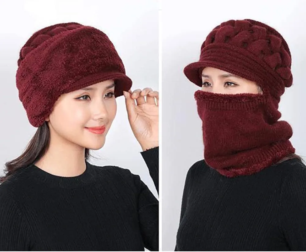 Womens Winter Warm Elastic Soft Ear Protection Knitted Scarf Mask hat Fleece Lined Beanie Hat one-Piece hat
