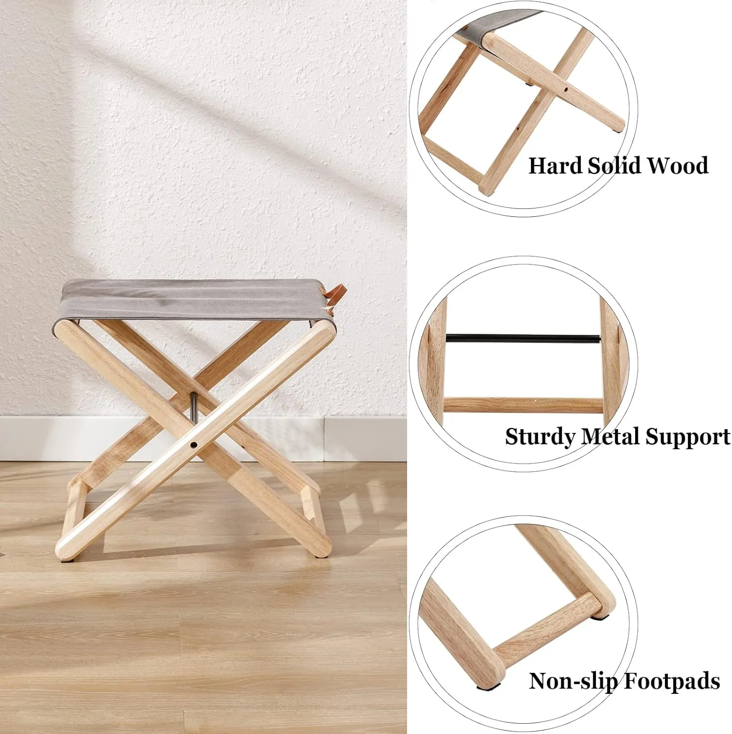 Wood Folding Camping Stools Set of 2, 18.5" Hardwood Portable Fishing Folding Stool with Heavy Duty Metal Support Canvas Camp Stool Foldable Footstool for Outdoor Hiking Picnic BBQ, Grey