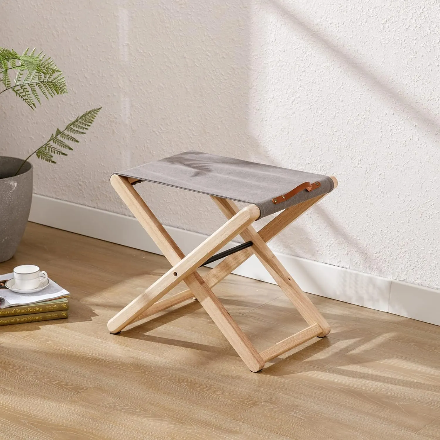 Wood Folding Camping Stools Set of 2, 18.5" Hardwood Portable Fishing Folding Stool with Heavy Duty Metal Support Canvas Camp Stool Foldable Footstool for Outdoor Hiking Picnic BBQ, Grey