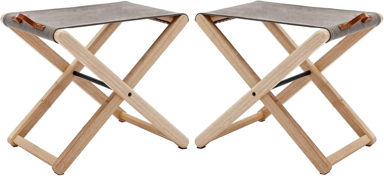 Wood Folding Camping Stools Set of 2, 18.5" Hardwood Portable Fishing Folding Stool with Heavy Duty Metal Support Canvas Camp Stool Foldable Footstool for Outdoor Hiking Picnic BBQ, Grey
