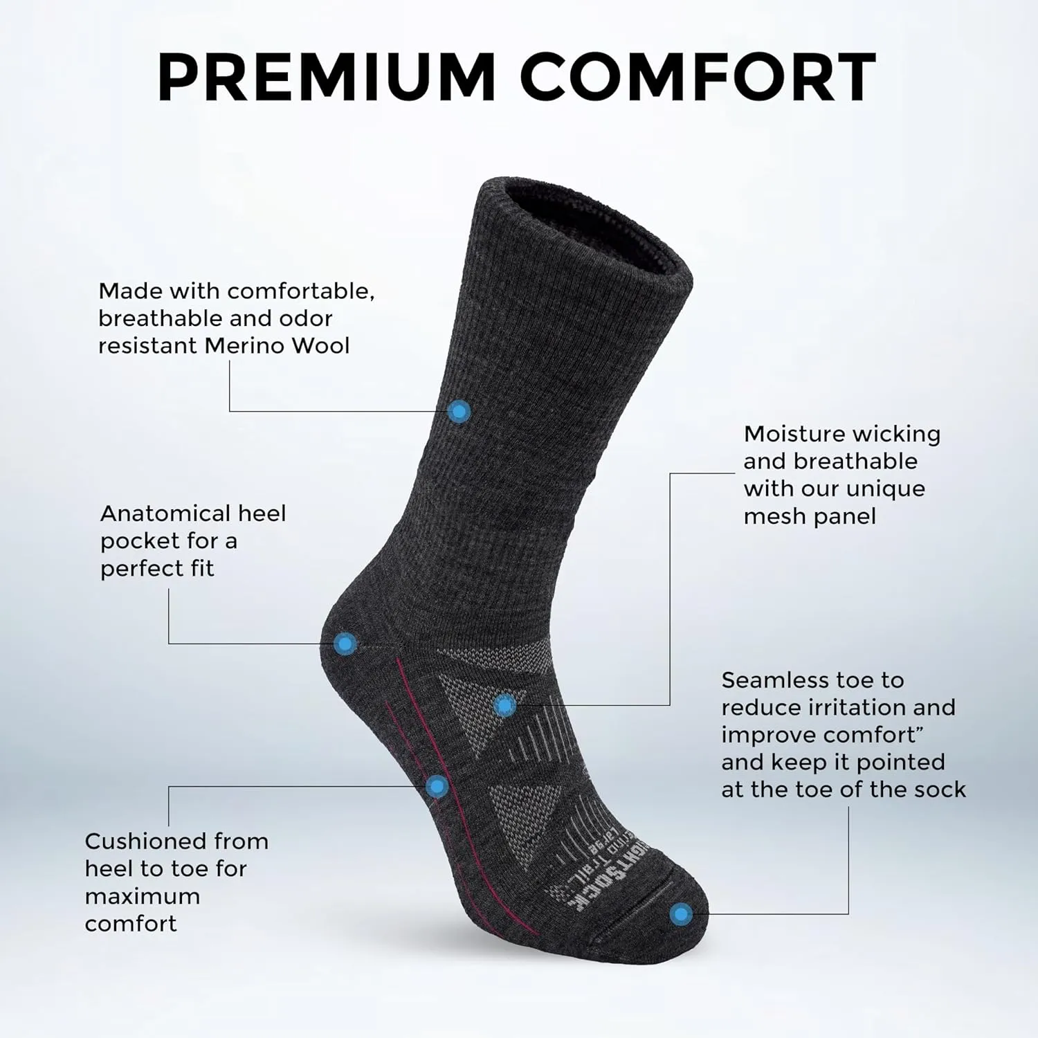 Wrightsock Merino Trail Crew Socks – Cushioned, Eco-Friendly, Anti-Blister, Breathable & Comfy – Made in USA