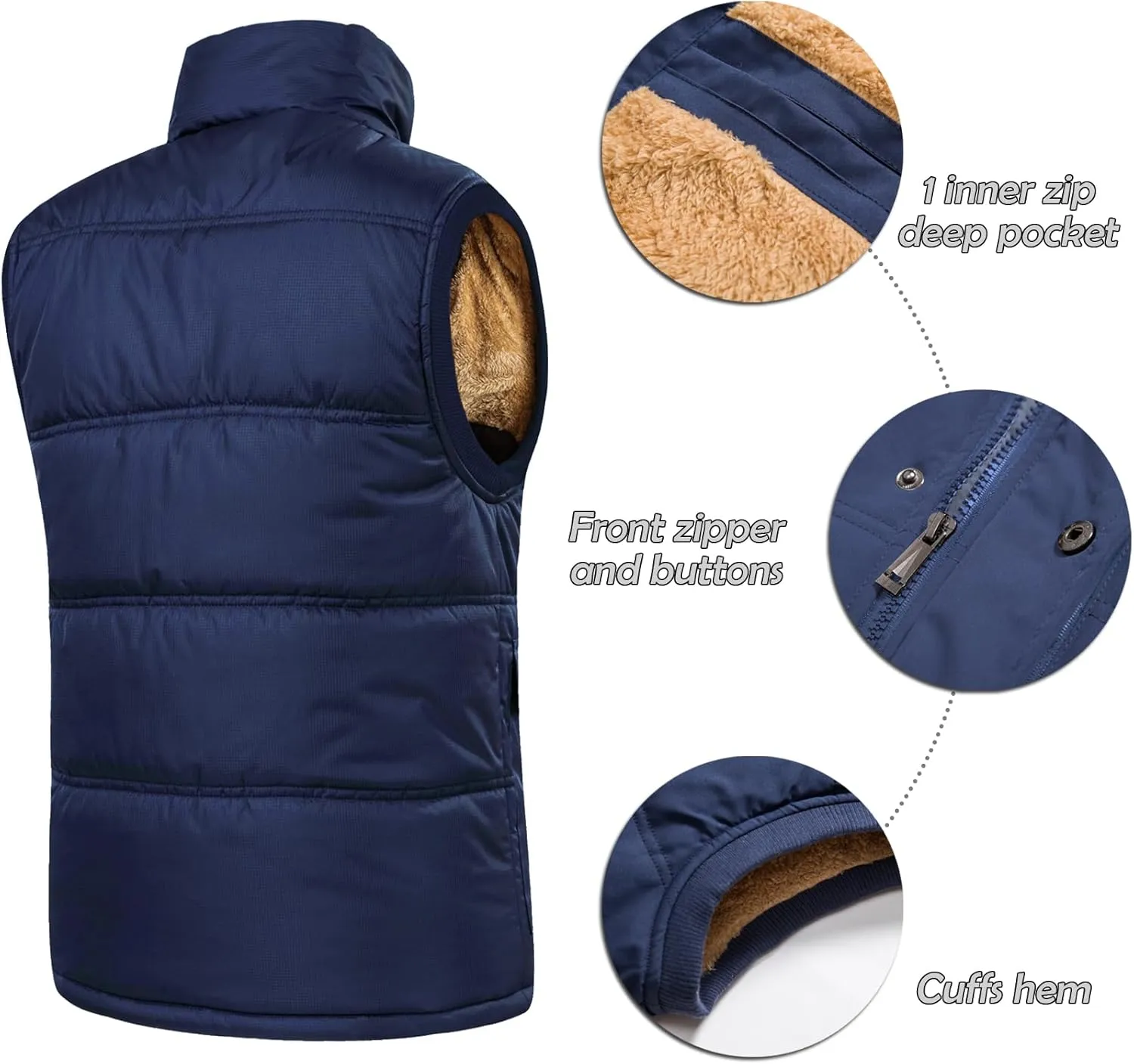 XinYangNi Men's Winter Warm Outdoor Padded Puffer Vest Thick Fleece Lined Sleeveless Jacket