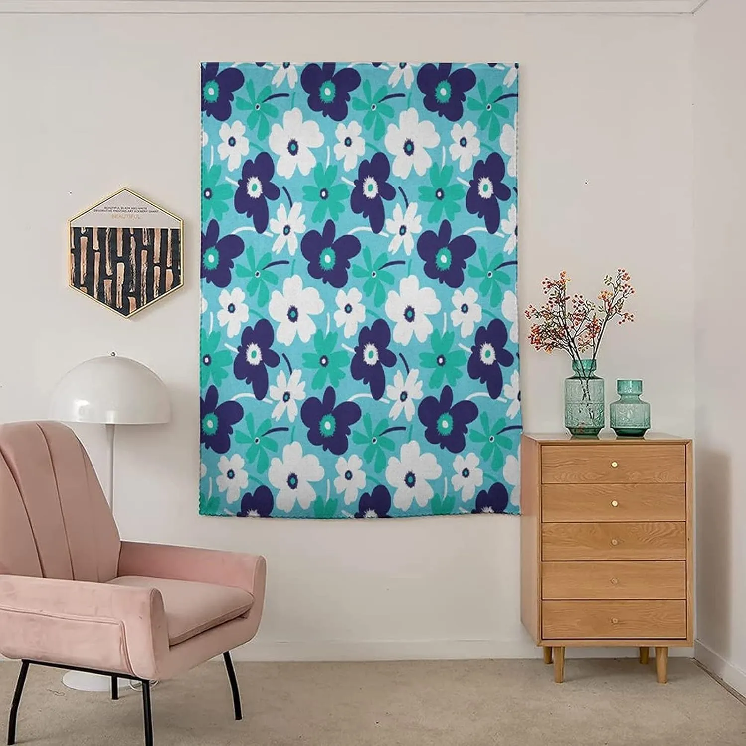 XISUNYA Adjustable Blackout Shades, Aqua Portable Blackout Curtain, Spring Flowers on Blue Backdrop Ditsy Style Simplistic Print Living Room Bedroom Window Drapes,26W x40L Inch, for Kitchen Bathroom