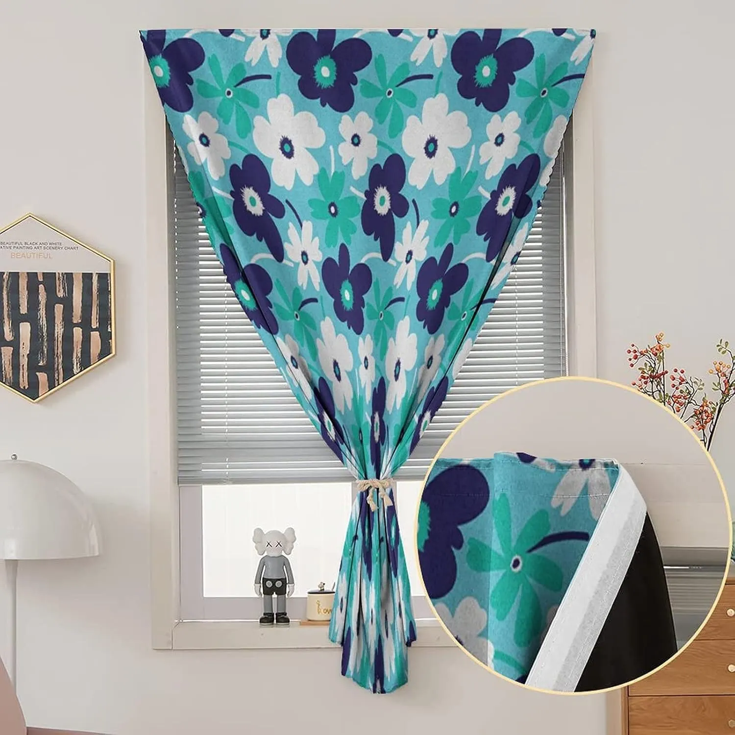 XISUNYA Adjustable Blackout Shades, Aqua Portable Blackout Curtain, Spring Flowers on Blue Backdrop Ditsy Style Simplistic Print Living Room Bedroom Window Drapes,26W x40L Inch, for Kitchen Bathroom