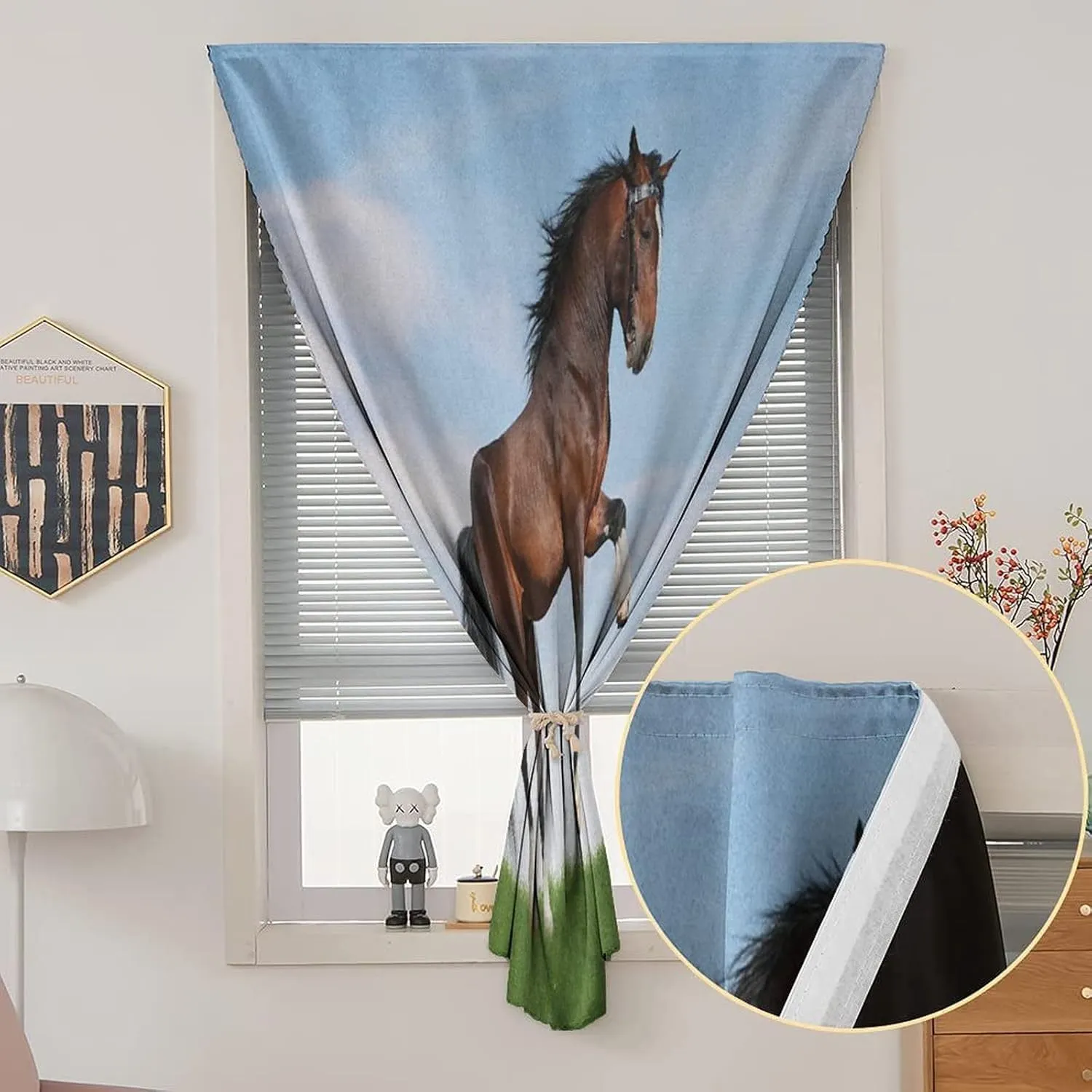 XISUNYA Adjustable Blackout Shades, Horses Portable Blackout Curtain, Bay Horse Pacing on The Grass Print Living Room Bedroom Window Drapes,26W x40L Inch, for Bathroom Living Room Bedroom