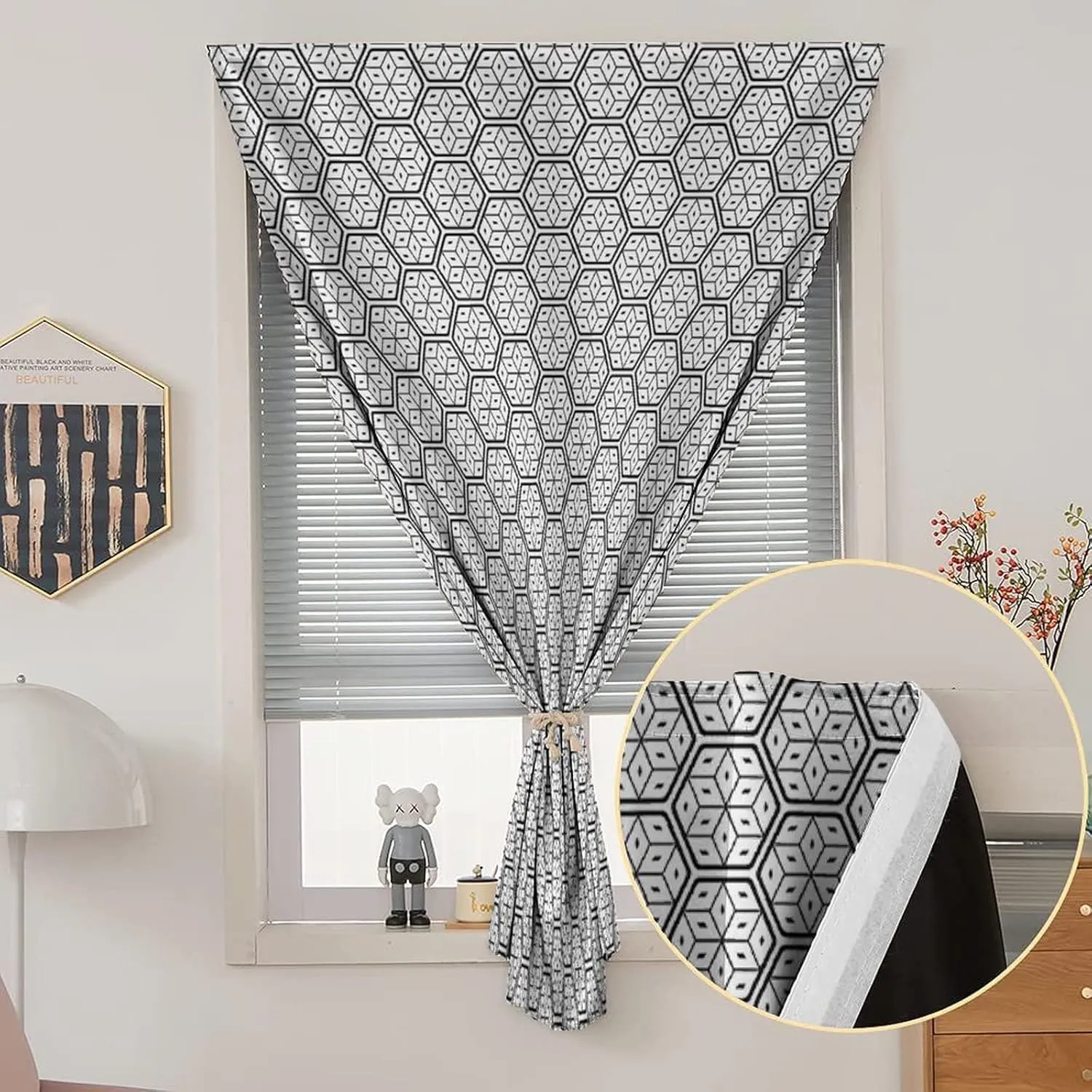 XISUNYA Anywhere Portable Blackout Curtain, Geometric Door Window Curtains, Modern Hexagonal Image Stripes and Leaves Print Bedroom Blackout Curtains,26W x40L Inch, for Bathroom Living Room Bedroom