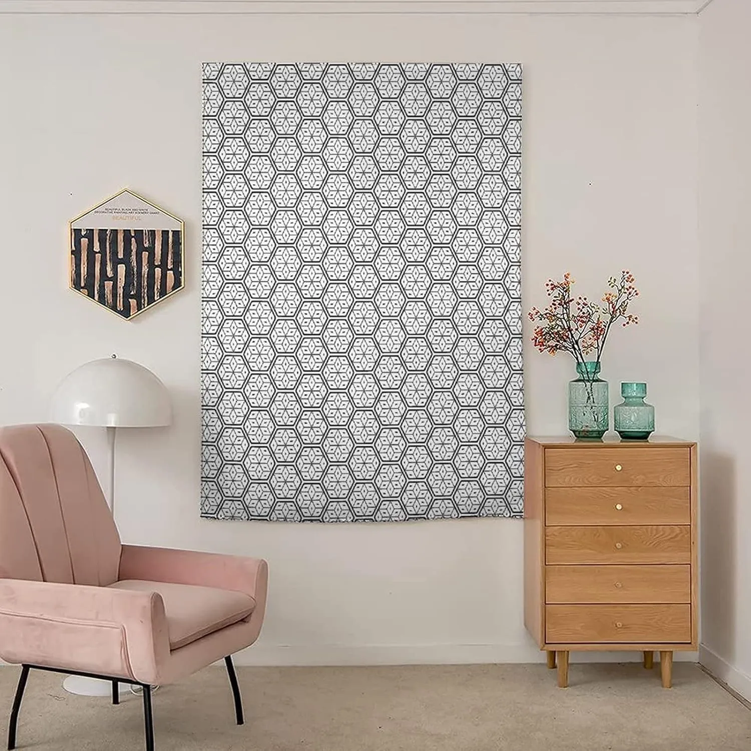 XISUNYA Anywhere Portable Blackout Curtain, Geometric Door Window Curtains, Modern Hexagonal Image Stripes and Leaves Print Bedroom Blackout Curtains,26W x40L Inch, for Bathroom Living Room Bedroom