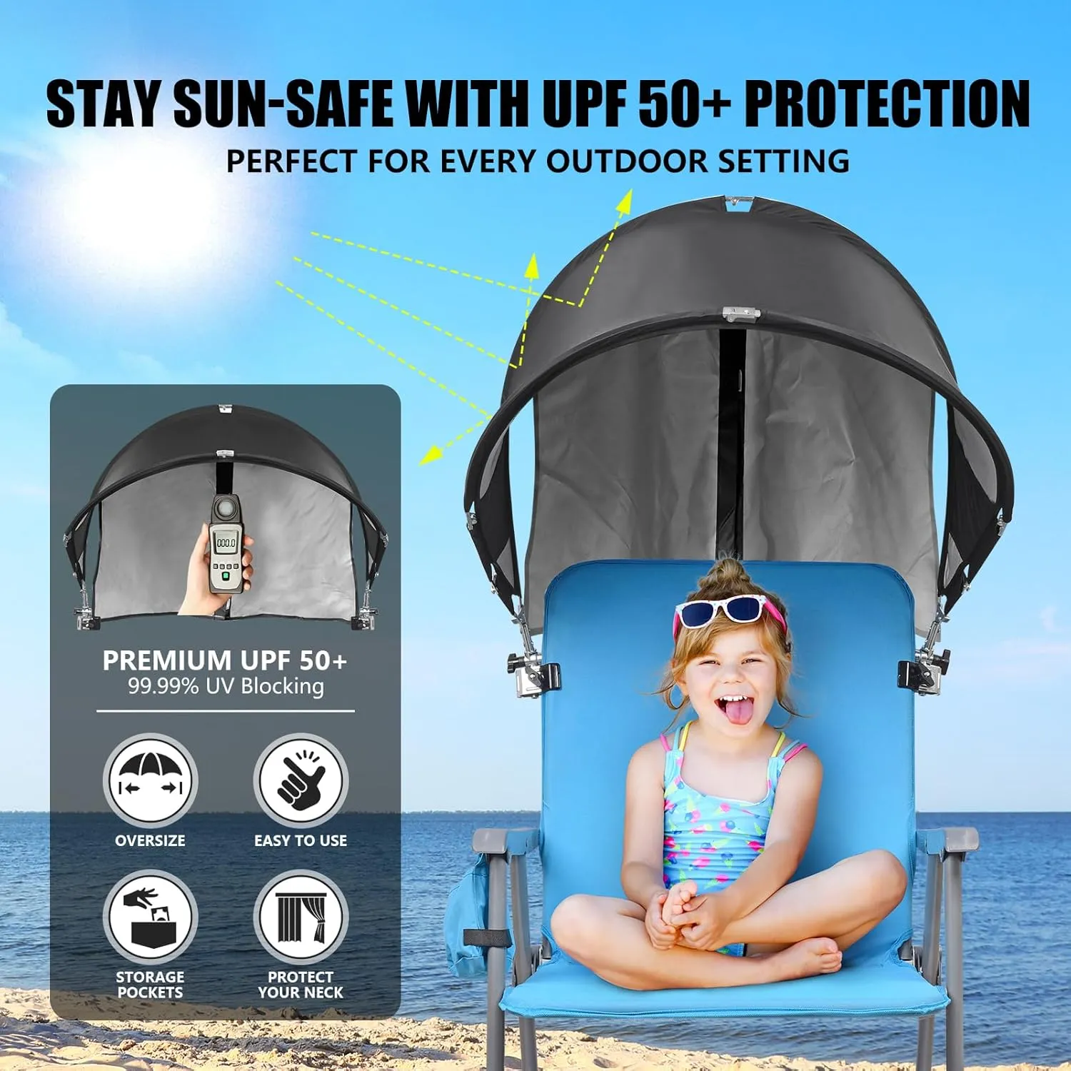 XL Universal Chair Canopy Umbrella, UPF 50  Foldable Sun Shade Attachment with Adjustable Clamp for Beach, Camping, Sports, Outdoor, Lawn, Tanning, Zero Gravity Chairs, Wagon, Wheelchair, Patented