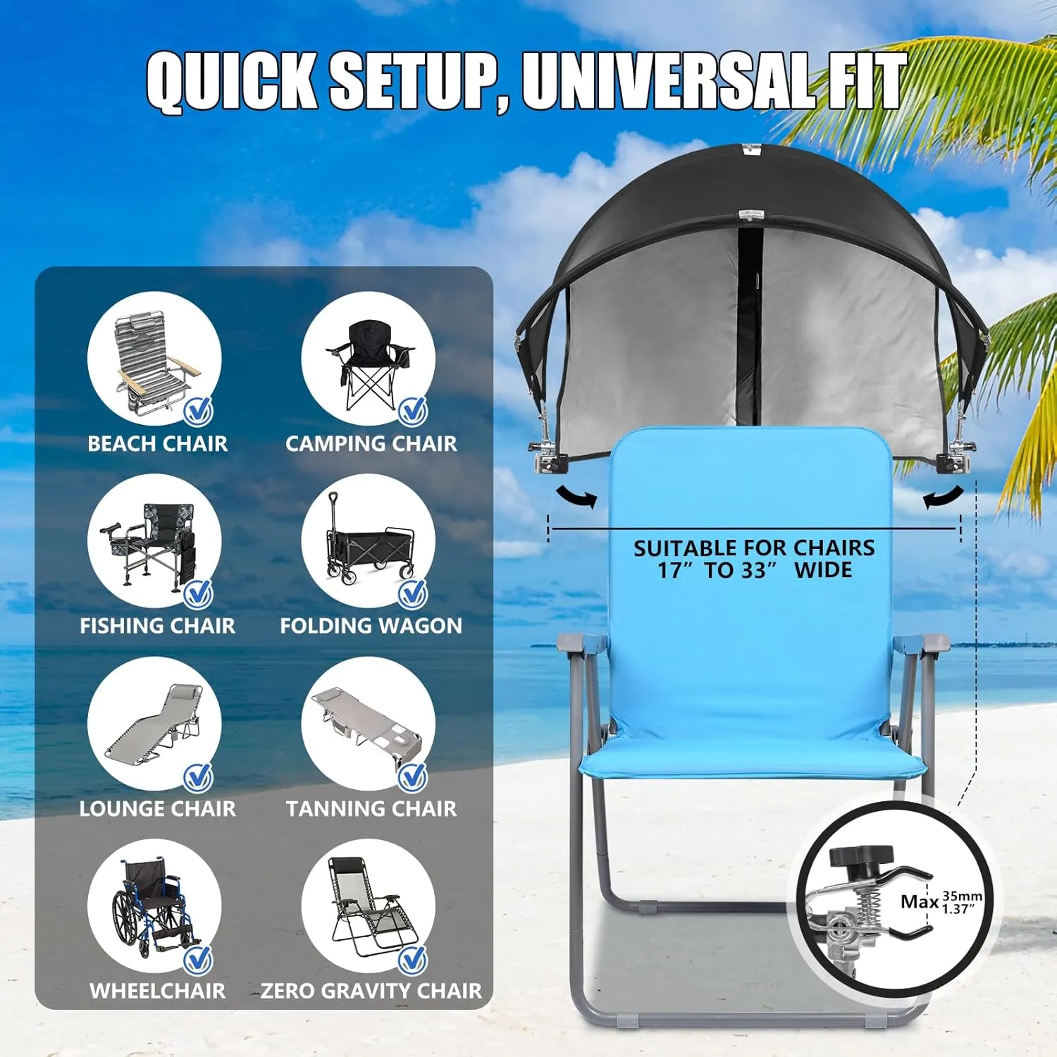 XL Universal Chair Canopy Umbrella, UPF 50  Foldable Sun Shade Attachment with Adjustable Clamp for Beach, Camping, Sports, Outdoor, Lawn, Tanning, Zero Gravity Chairs, Wagon, Wheelchair, Patented
