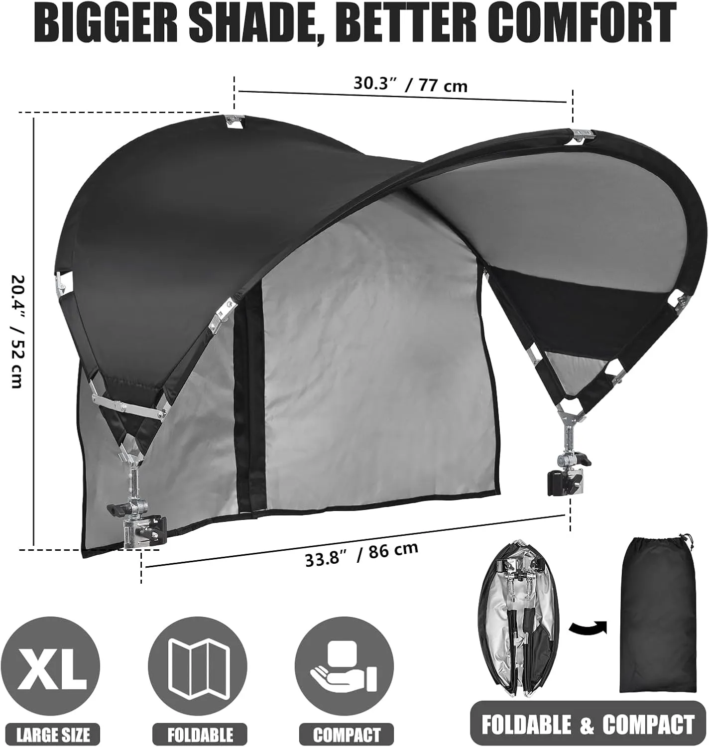 XL Universal Chair Canopy Umbrella, UPF 50  Foldable Sun Shade Attachment with Adjustable Clamp for Beach, Camping, Sports, Outdoor, Lawn, Tanning, Zero Gravity Chairs, Wagon, Wheelchair, Patented