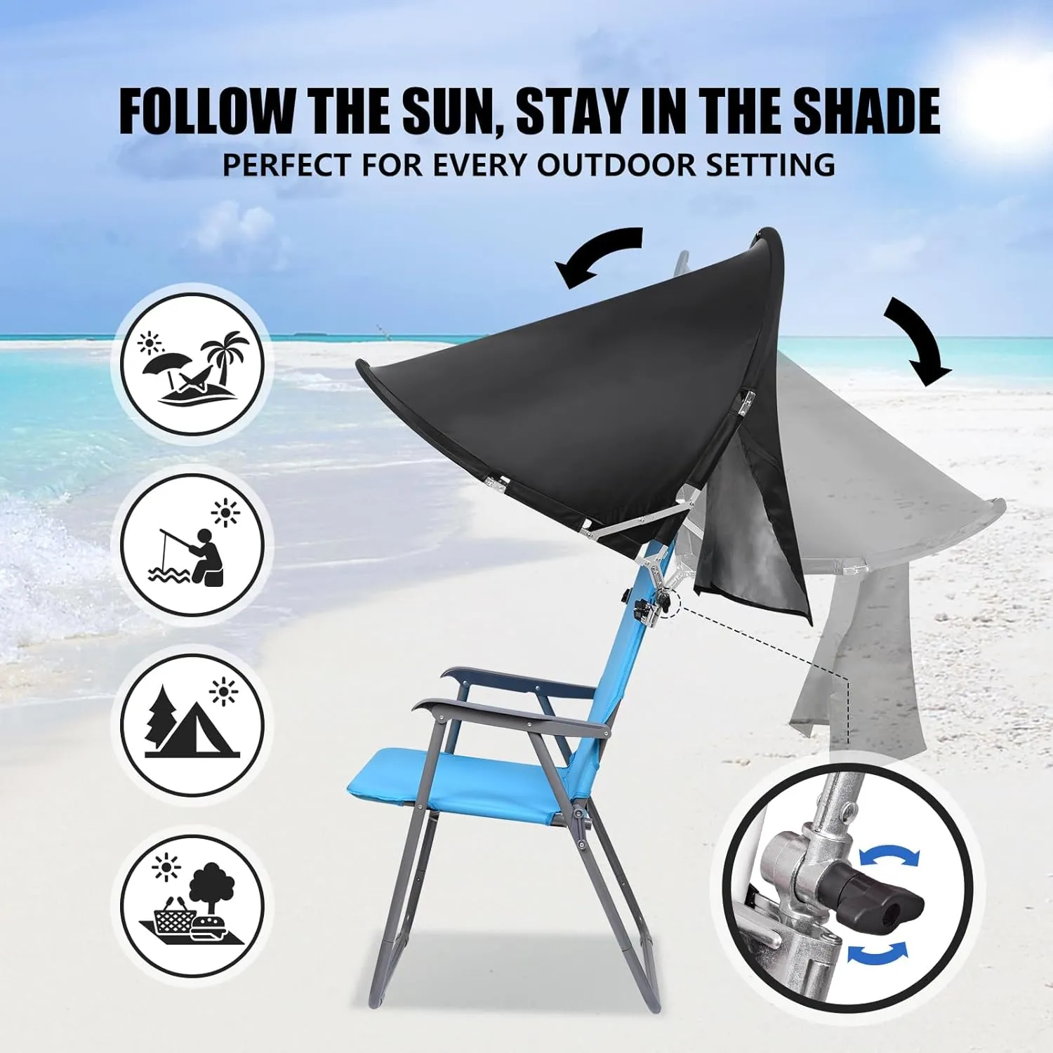 XL Universal Chair Canopy Umbrella, UPF 50  Foldable Sun Shade Attachment with Adjustable Clamp for Beach, Camping, Sports, Outdoor, Lawn, Tanning, Zero Gravity Chairs, Wagon, Wheelchair, Patented