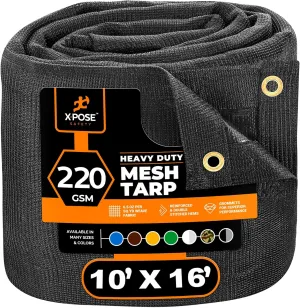 Xpose Safety Heavy Duty Mesh Tarp – 10’ x 16’ Multipurpose Black Protective Cover with Air Flow - Use for Tie Downs, Shade, Fences, Canopies, Dump Trucks – Tear Resistant