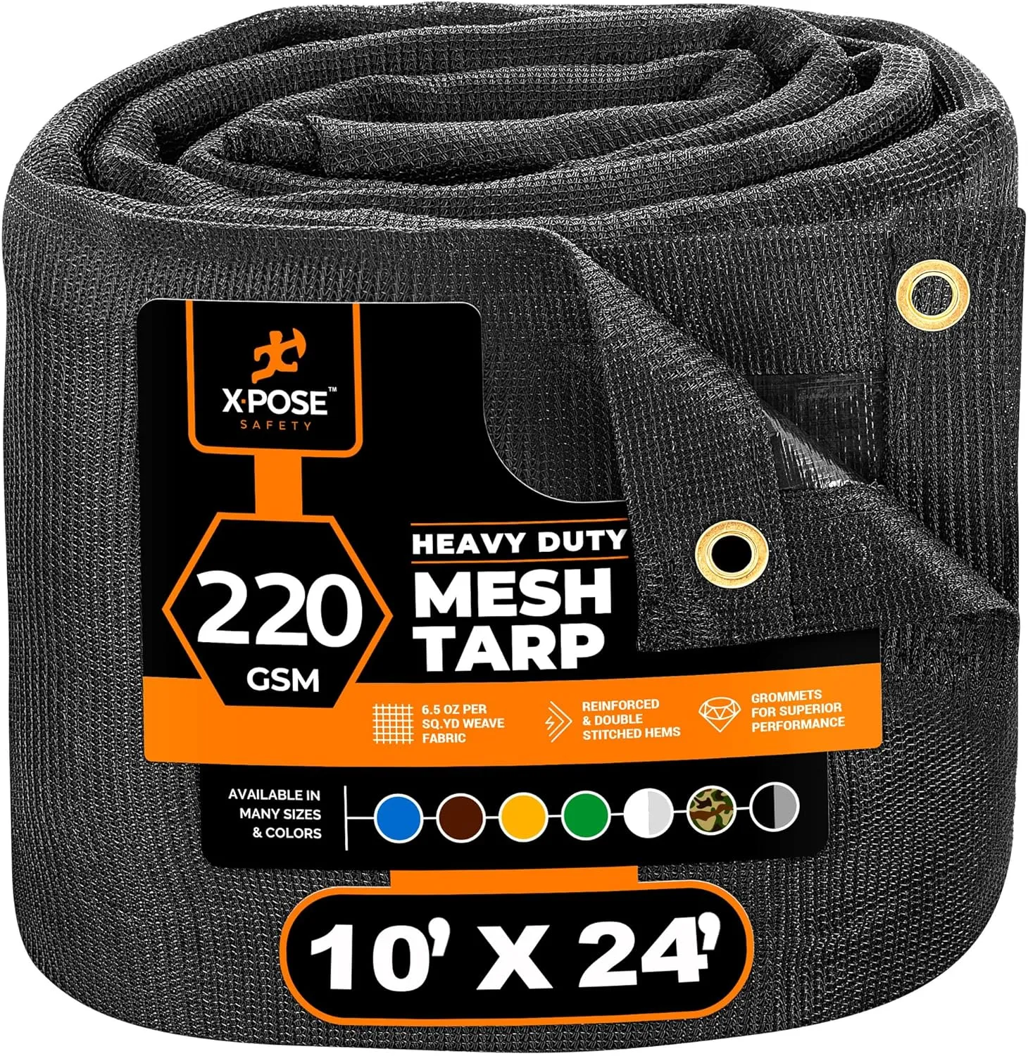 Xpose Safety Heavy Duty Mesh Tarp 10' x 24' – Multipurpose Black Protective Cover with Air Flow - Use for Tie Downs, Shade, Fences, Canopies, Dump Trucks – Weather and Tear Resistant