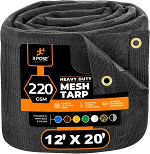 Xpose Safety Heavy Duty Mesh Tarp – 12’ x 20’ Multipurpose Black Protective Cover with Air Flow - Use for Tie Downs, Shade, Fences, Canopies, Dump Trucks – Tear Resistant
