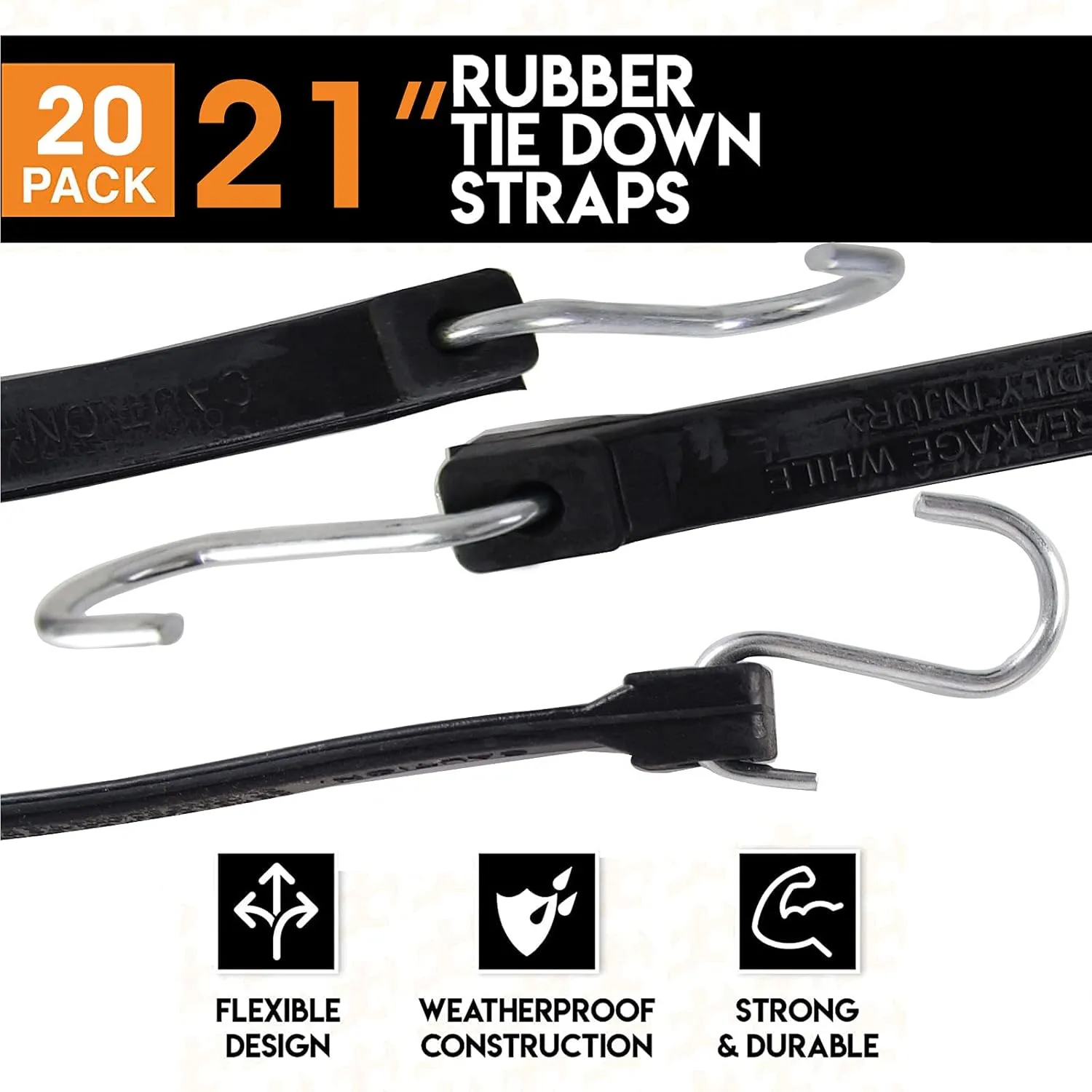 XSTRAP STANDARD 21" 100% EPDM Natural Rubber Tarp Straps, Black Long Bungee Cords with Metal S Hooks Tie Down Straps for Outdoor, Tarp Covers, Canvas Canopies, Motorcycle, and Cargo - 20 Pack
