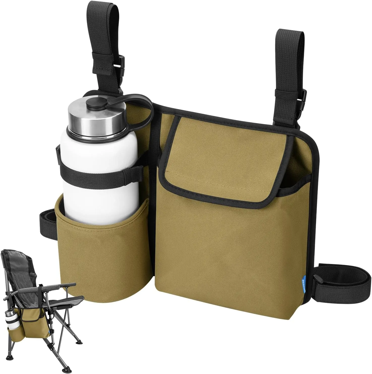 Xxerciz Chair Cup Holder Phone Holder, Camping Chair Armrest Drink Holder with Easily Attached Self Adhesive Straps for Patio Recliner, Beach Chair, Foldable Camping Chair (Khaki)