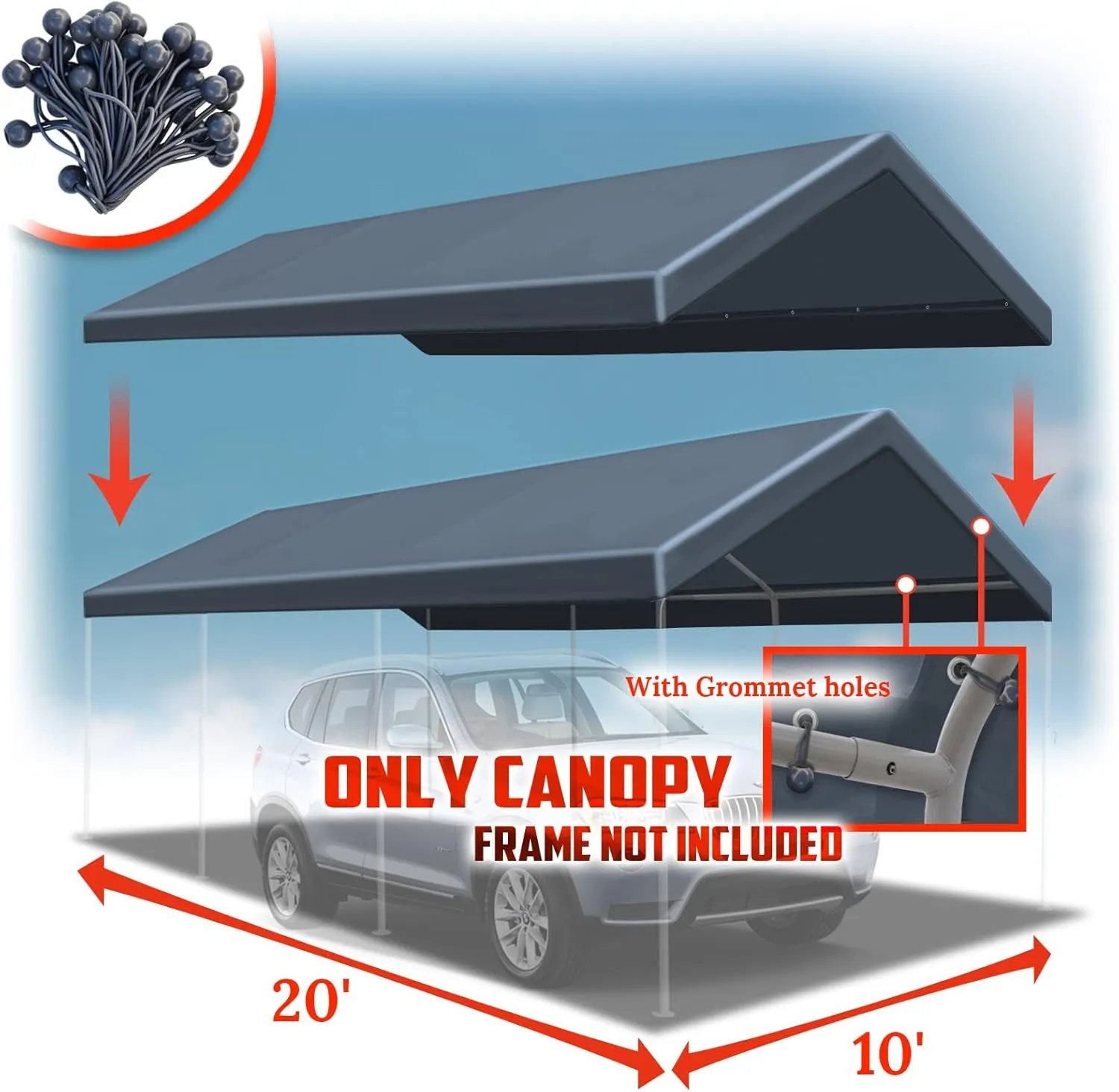 YardGrow 10x20 FT Carport Replacement Canopy Cover Garage Shelter Outdoor Carport Canopy Top Tent Shelter Tarp, Canopy ONLY (Grey)