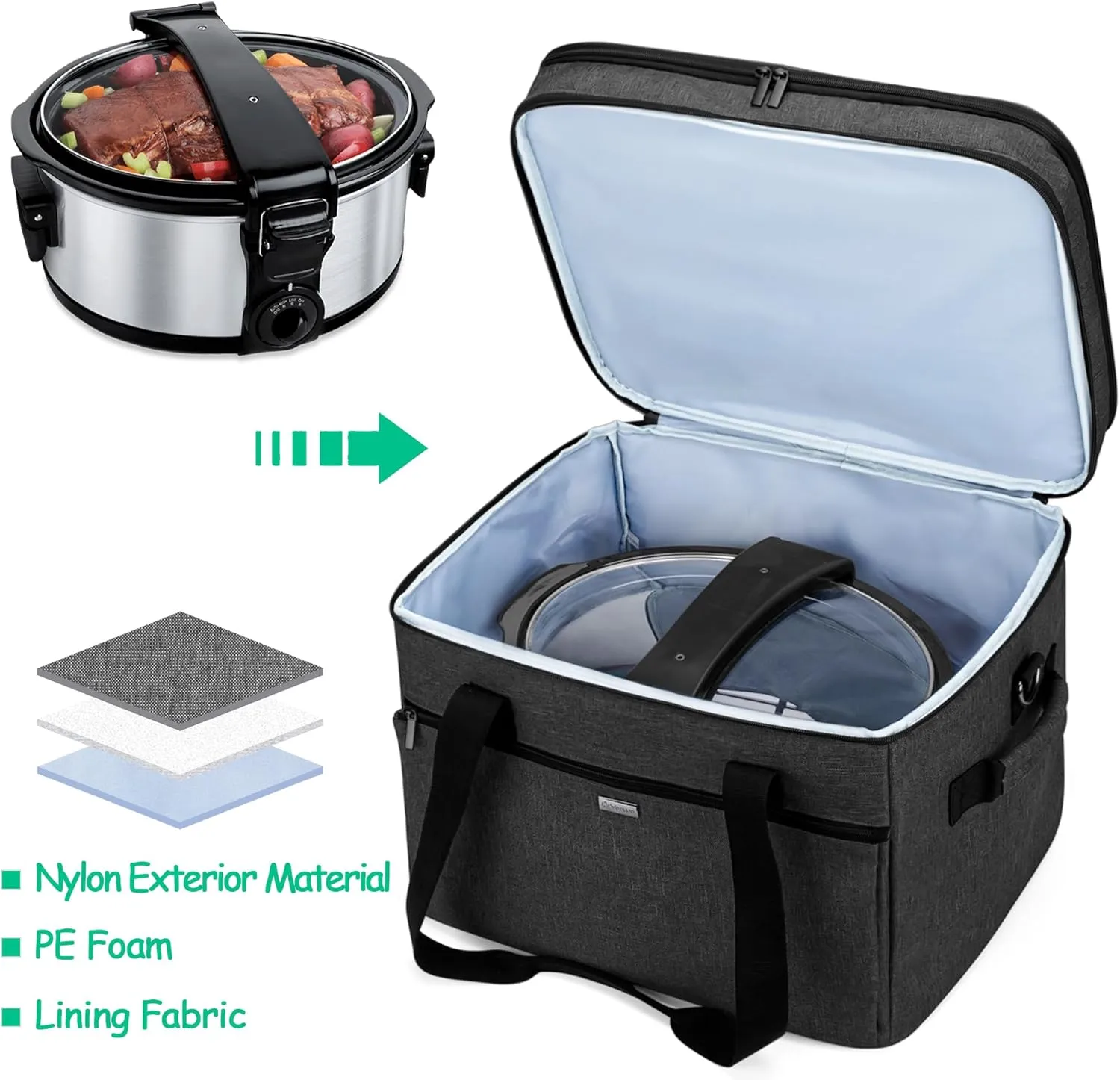 Yarwo Slow Cooker Bag Compatible with Crock-Pot/Hamilton Beach 8-10 Quart, Double Layers Slow Cooker Travel Carrier Case for Kitchen Appliance and Accessories, Black (Bag Only)