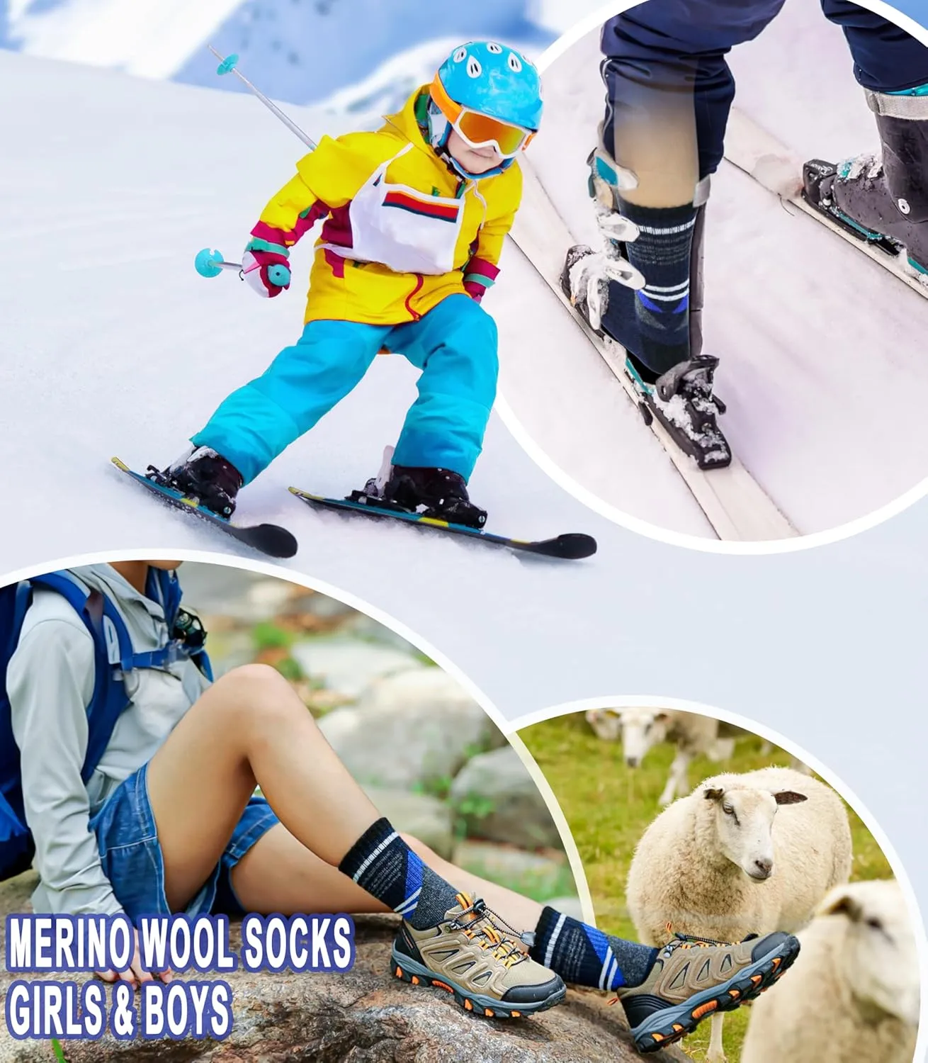 Yebing Kids Merino Wool Hiking Socks Boys Girls Toddlers Winter Warm Thermal Thick Cushion Boot Crew Gift Socks 6 Pairs