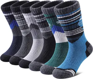Yebing Kids Merino Wool Hiking Socks Boys Girls Toddlers Winter Warm Thermal Thick Cushion Boot Crew Gift Socks 6 Pairs