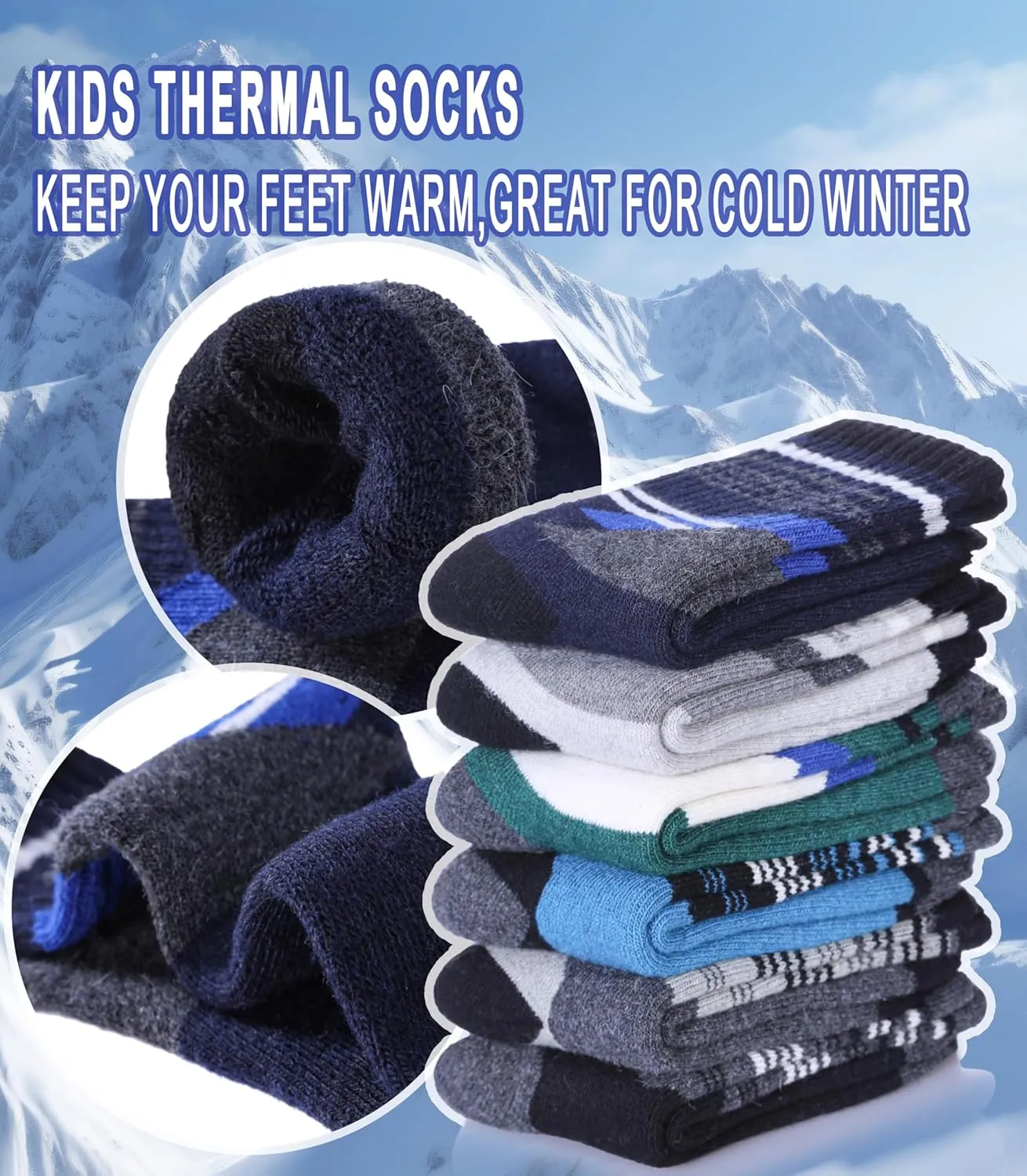 Yebing Kids Merino Wool Hiking Socks Boys Girls Toddlers Winter Warm Thermal Thick Cushion Boot Crew Gift Socks 6 Pairs
