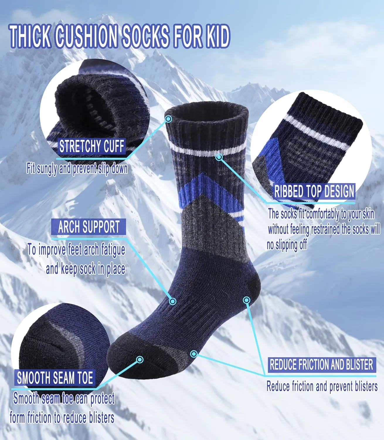Yebing Kids Merino Wool Hiking Socks Boys Girls Toddlers Winter Warm Thermal Thick Cushion Boot Crew Gift Socks 6 Pairs