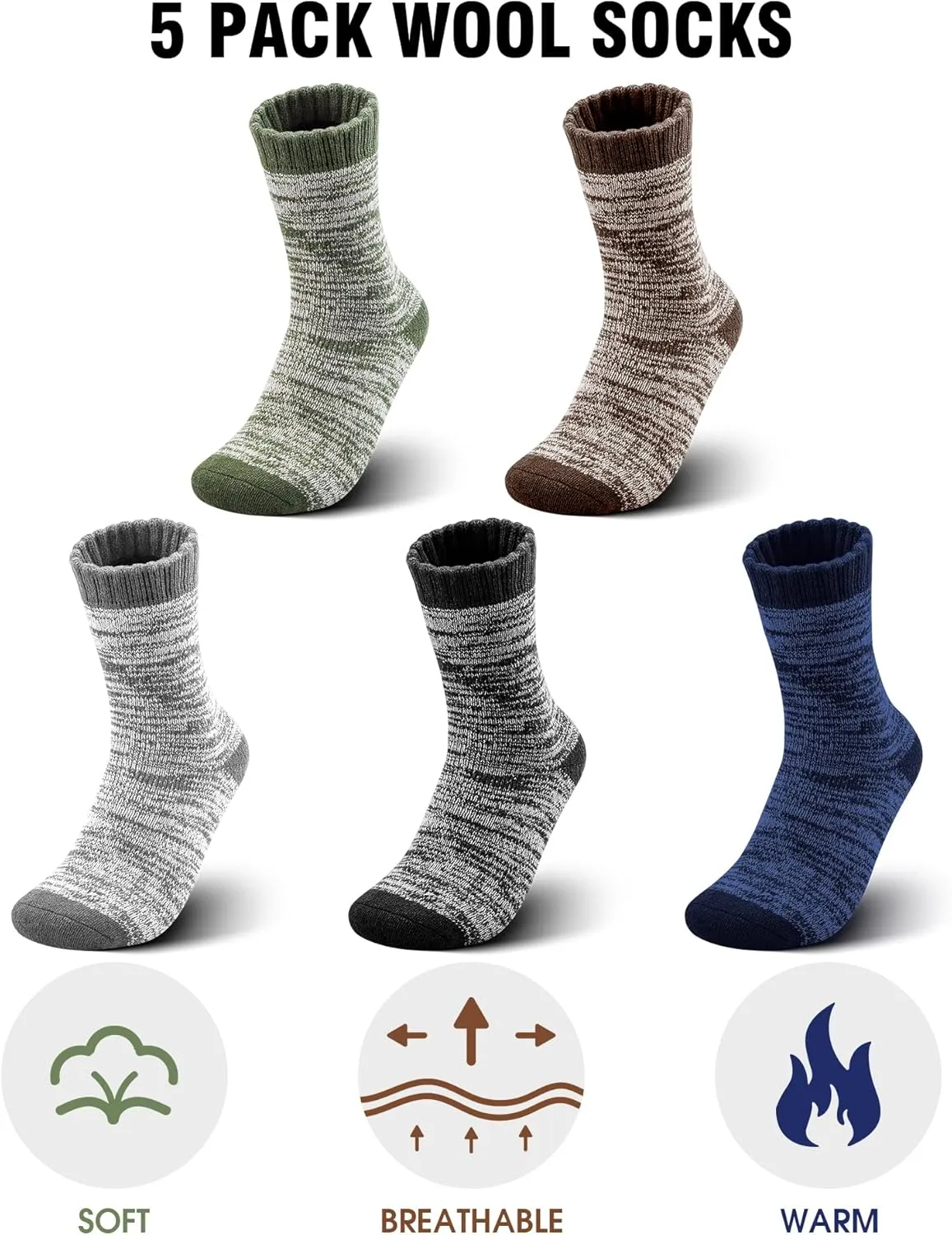 Yeblues 5 Pairs Thick Wool Socks - Men's Warm Winter Fuzzy Hiking Socks with Moisture Wicking