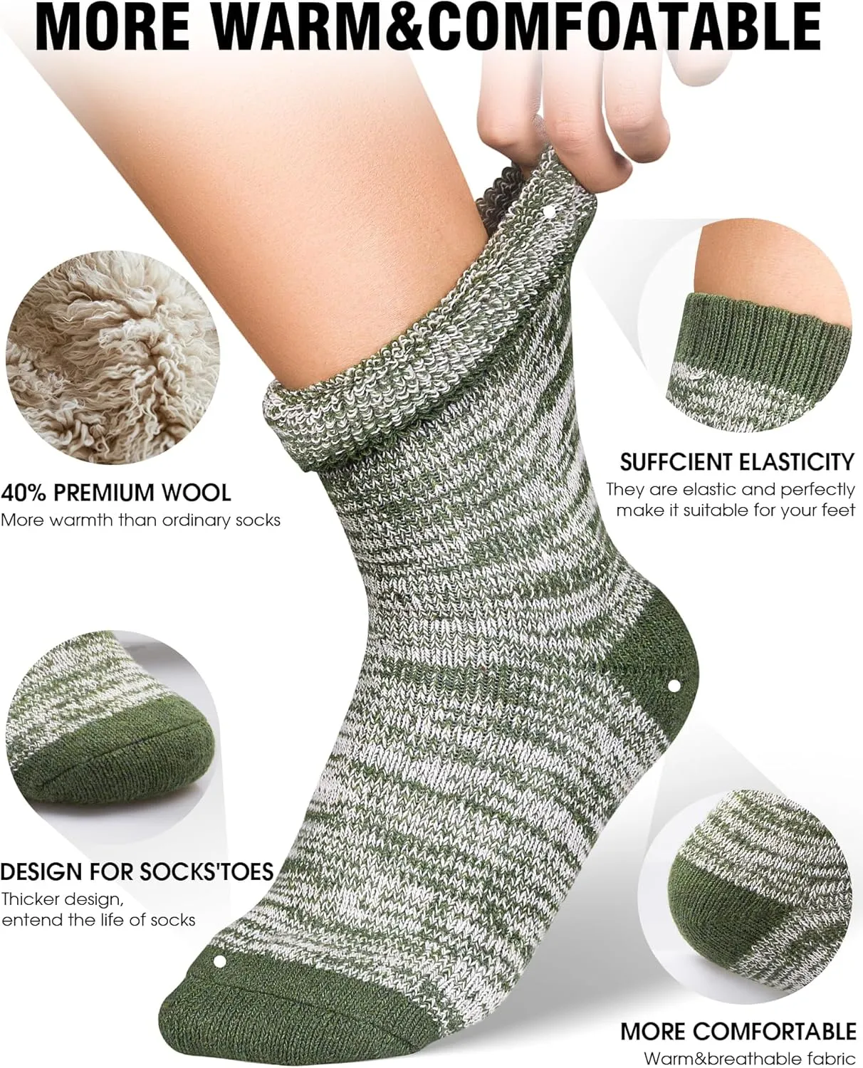 Yeblues 5 Pairs Thick Wool Socks - Men's Warm Winter Fuzzy Hiking Socks with Moisture Wicking
