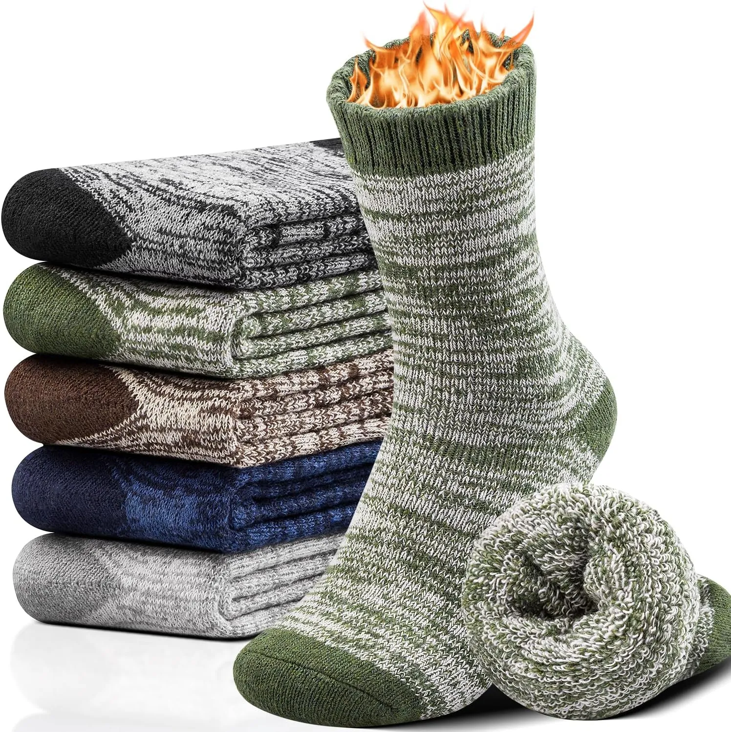 Yeblues 5 Pairs Thick Wool Socks - Men's Warm Winter Fuzzy Hiking Socks with Moisture Wicking