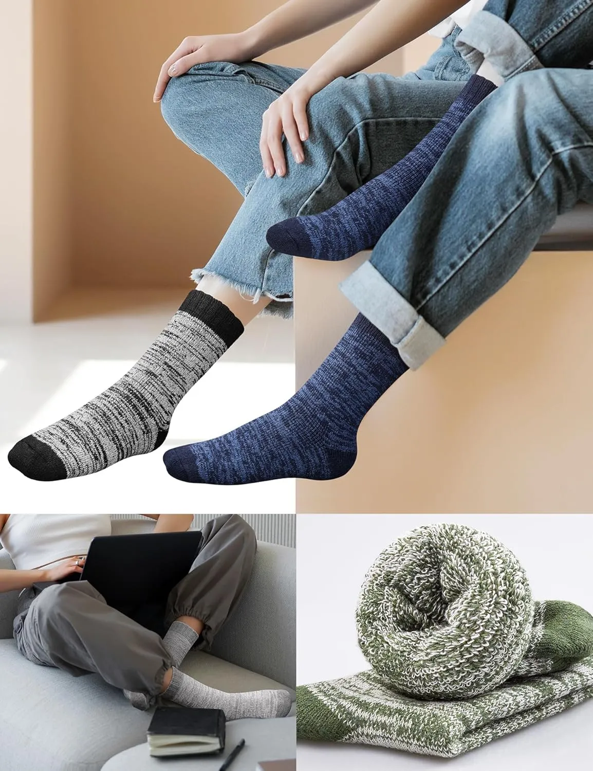 Yeblues 5 Pairs Thick Wool Socks - Men's Warm Winter Fuzzy Hiking Socks with Moisture Wicking