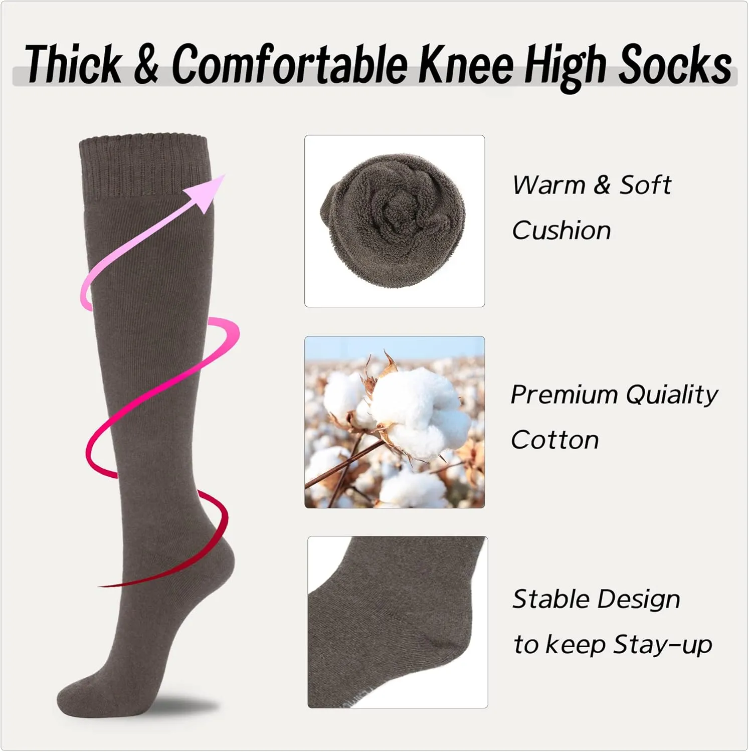 YEJIMONG Warm Thick Knee High Socks for Women, 4 Pairs Cotton Cushioned Long Socks for Running Hiking Skiing Gifts