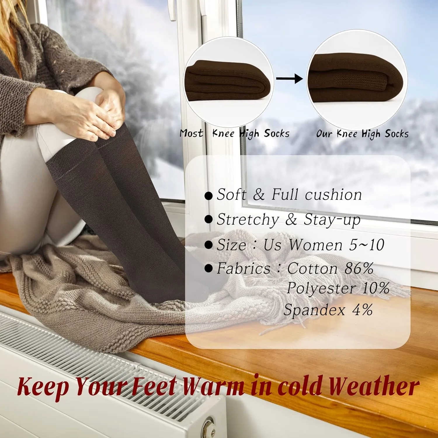 YEJIMONG Warm Thick Knee High Socks for Women, 4 Pairs Cotton Cushioned Long Socks for Running Hiking Skiing Gifts