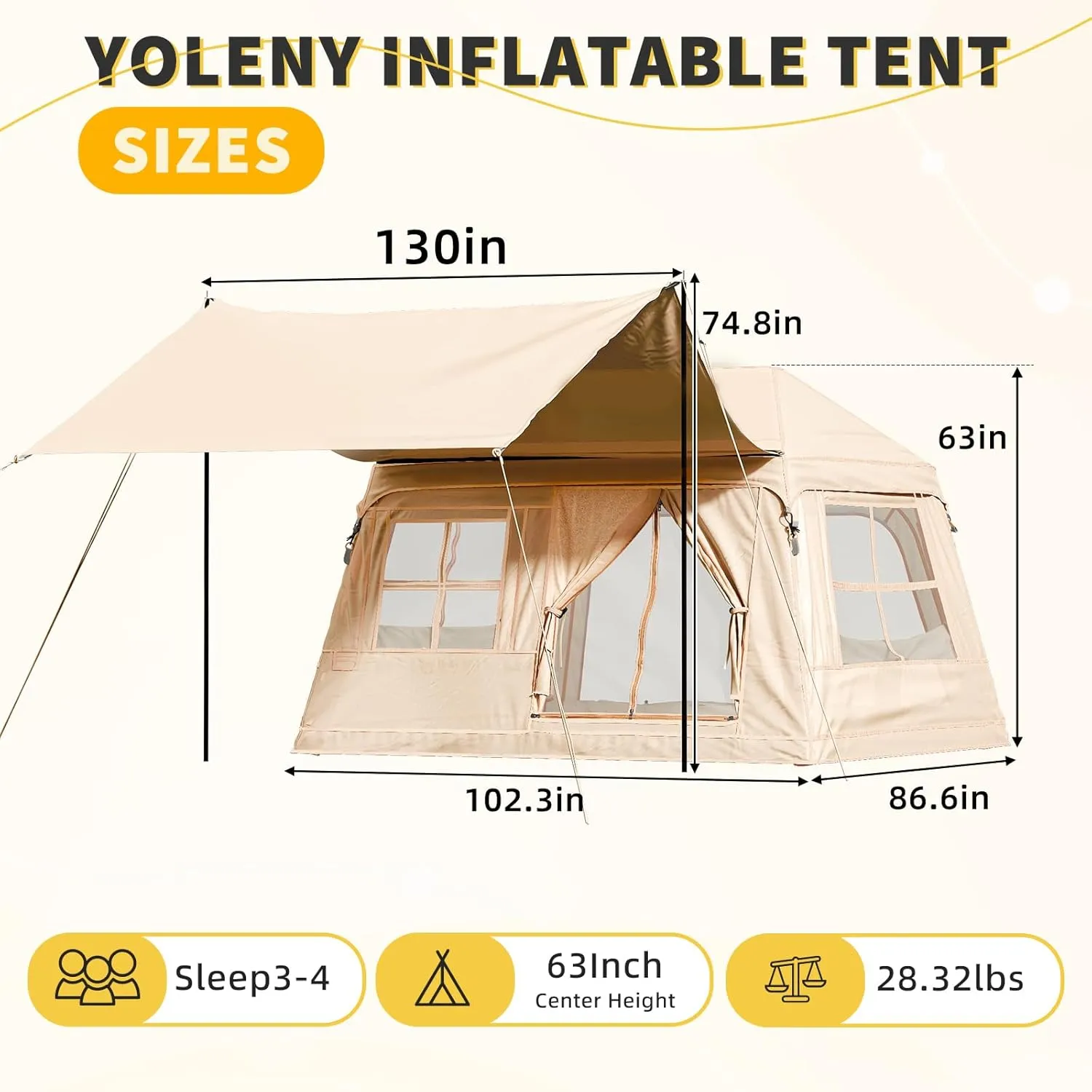 Yoleny 4/6/8/10/12 Person Inflatable Camping Tent with Extended Canopy, Mesh Windows & Pump, 4 Season Glamping Tent with 1-2 Room, Upgraded Waterproof Oxford, Easy Setup