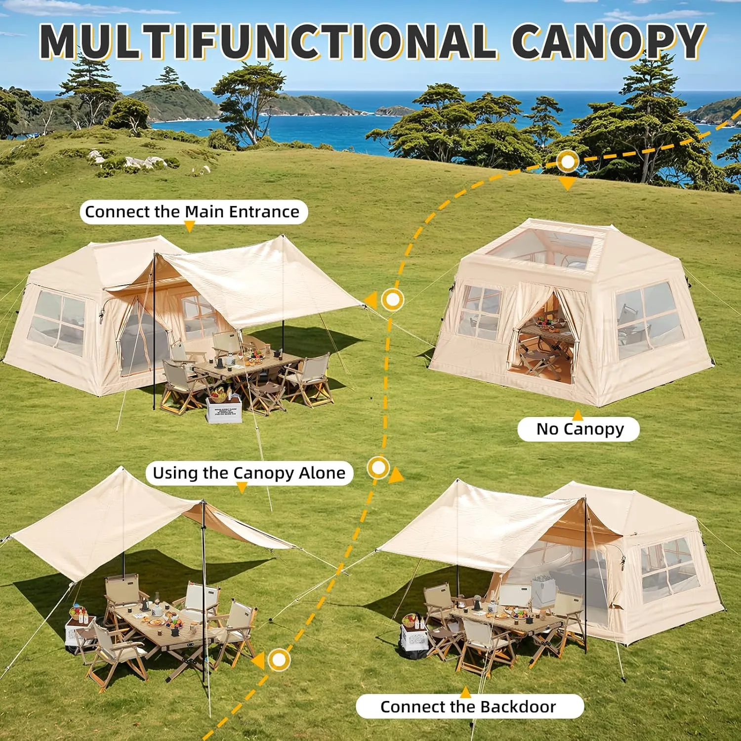 Yoleny 4/6/8/10/12 Person Inflatable Camping Tent with Extended Canopy, Mesh Windows & Pump, 4 Season Glamping Tent with 1-2 Room, Upgraded Waterproof Oxford, Easy Setup