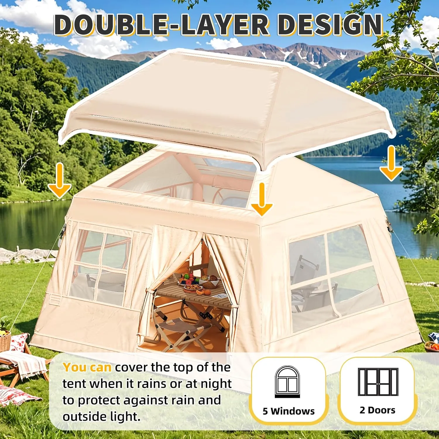Yoleny 4/6/8/10/12 Person Inflatable Camping Tent with Extended Canopy, Mesh Windows & Pump, 4 Season Glamping Tent with 1-2 Room, Upgraded Waterproof Oxford, Easy Setup