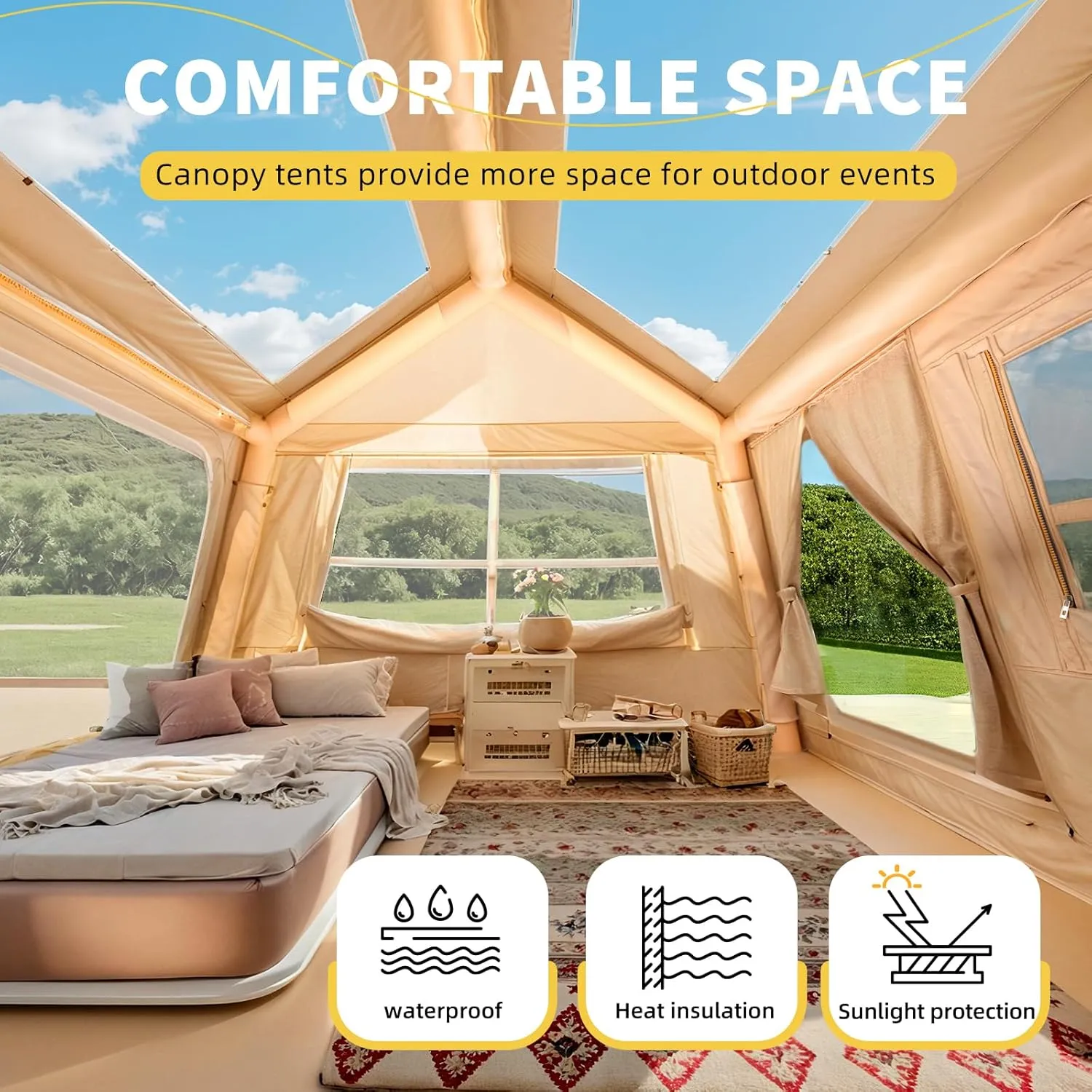Yoleny 4/6/8/10/12 Person Inflatable Camping Tent with Extended Canopy, Mesh Windows & Pump, 4 Season Glamping Tent with 1-2 Room, Upgraded Waterproof Oxford, Easy Setup