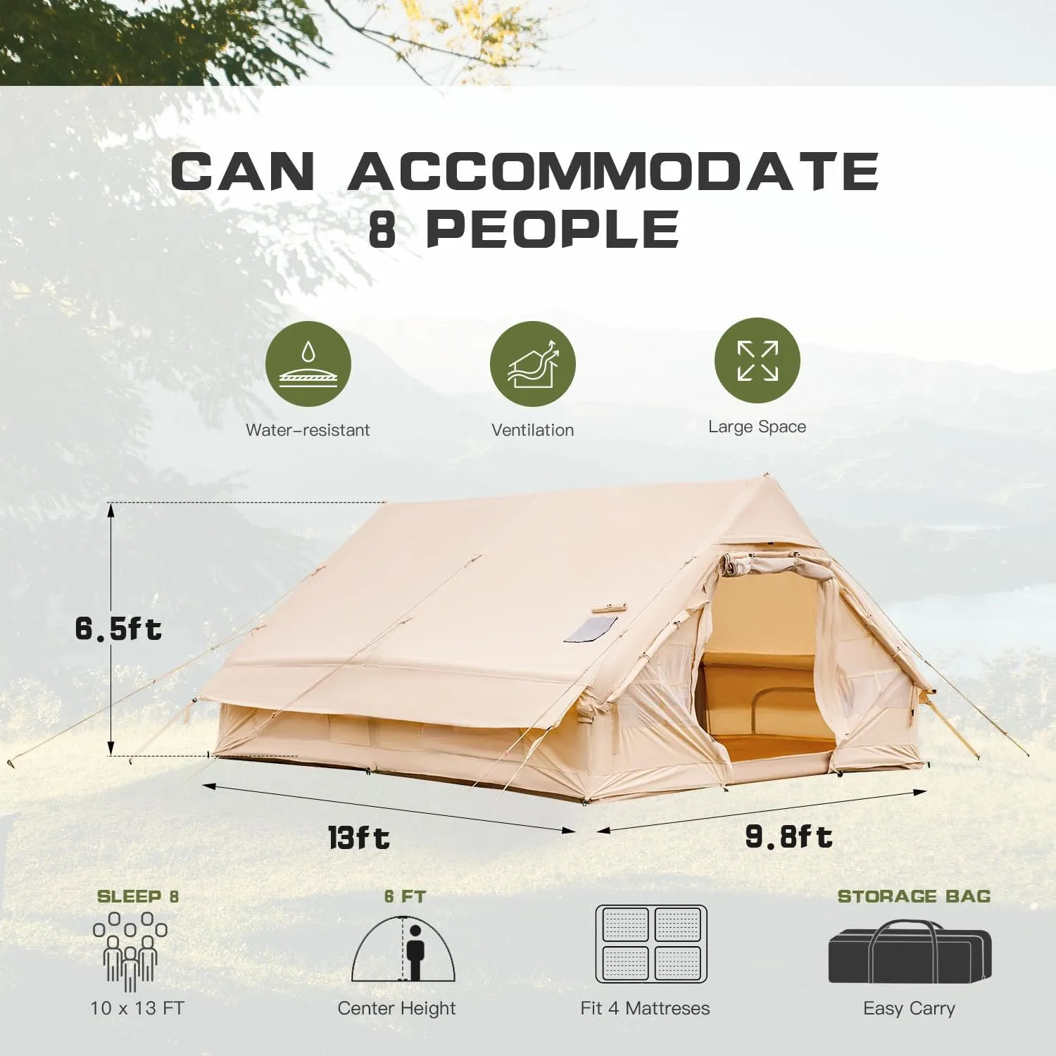 YOLENY Classic Inflatable Camping Tent for 6-12 Person, 4 Season Blow Up Tent with Mesh Windows & Pumps