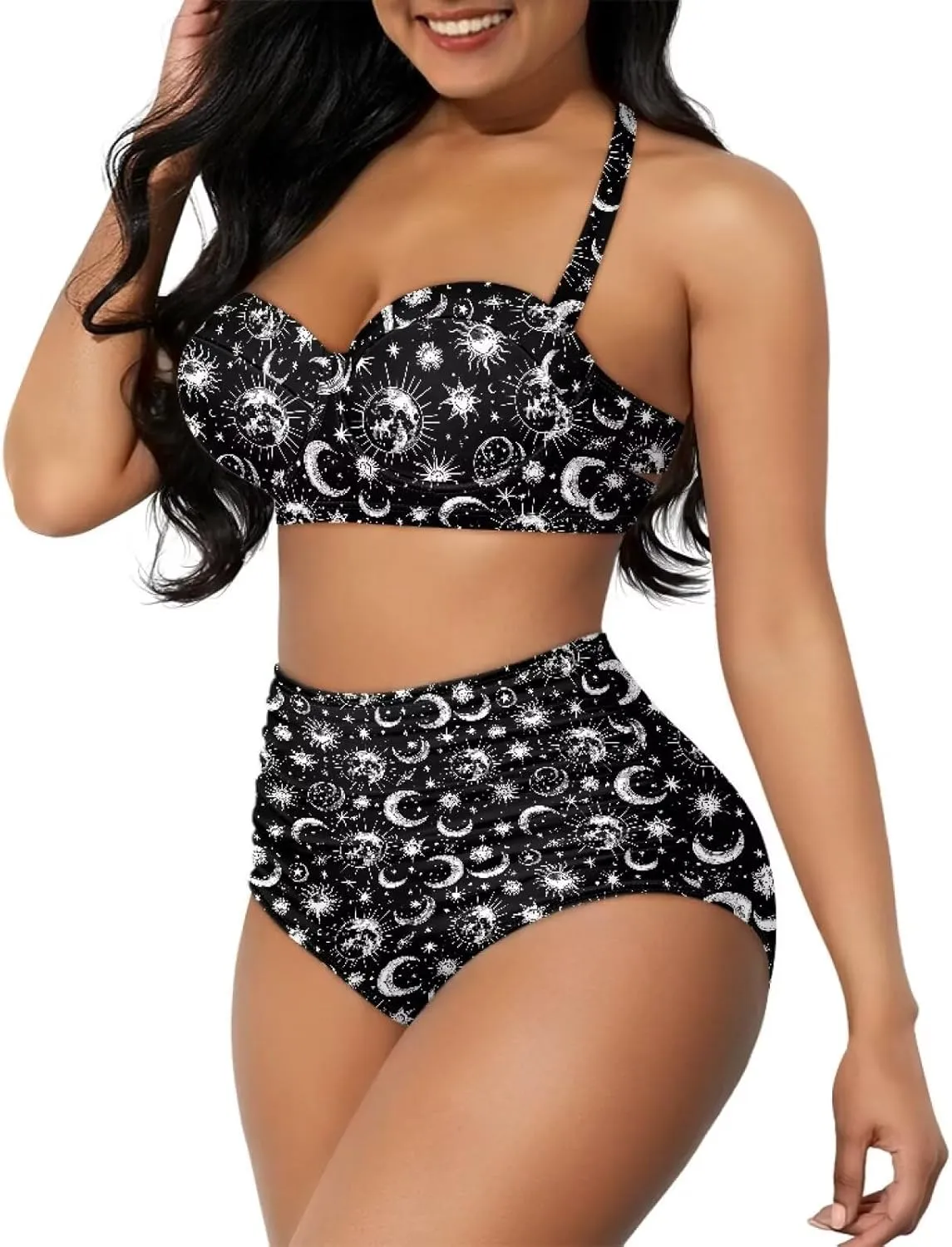 Yuuxorilu Women Two Piece High Waist Bikini Set Halter Ruched High Waist Bikini with Bottom