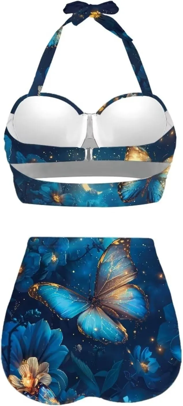 Yuuxorilu Women Two Piece High Waist Bikini Set Halter Ruched High Waist Bikini with Bottom